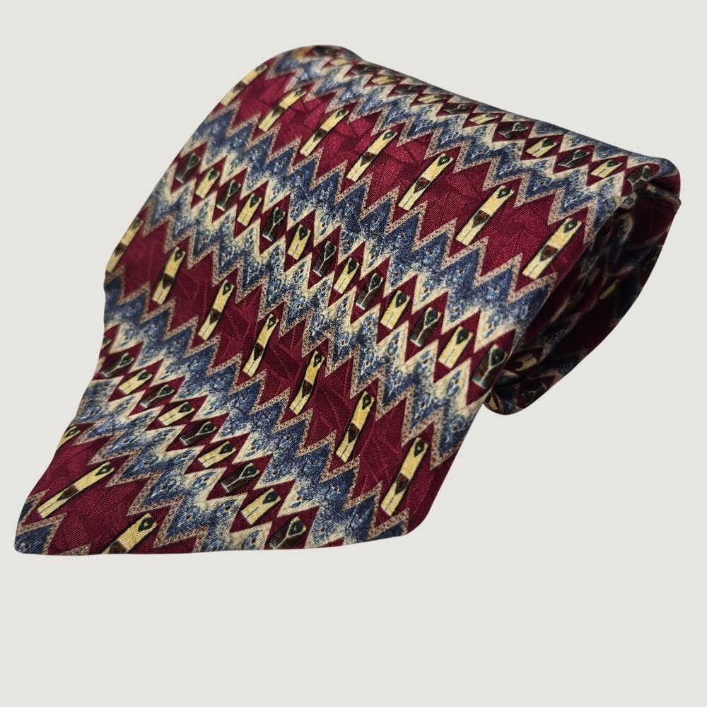 XMI Silk Tie Mens Burgundy Blue Gold Geometric Chevron Necktie USA Classic 4x57